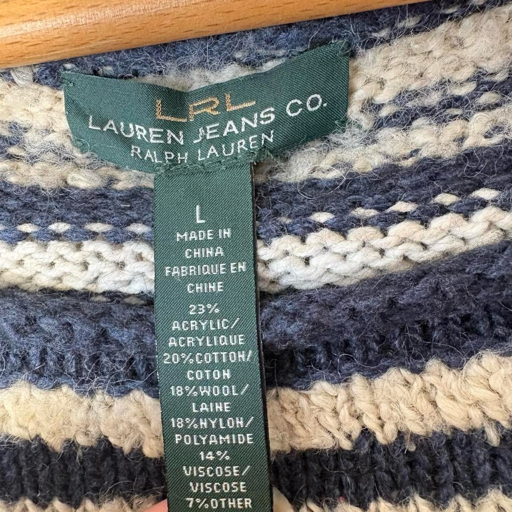 Vintage LRL Lauren Jeans Co. Ralph Lauren wool blue cream stripe sweater L - Picture 6 of 7